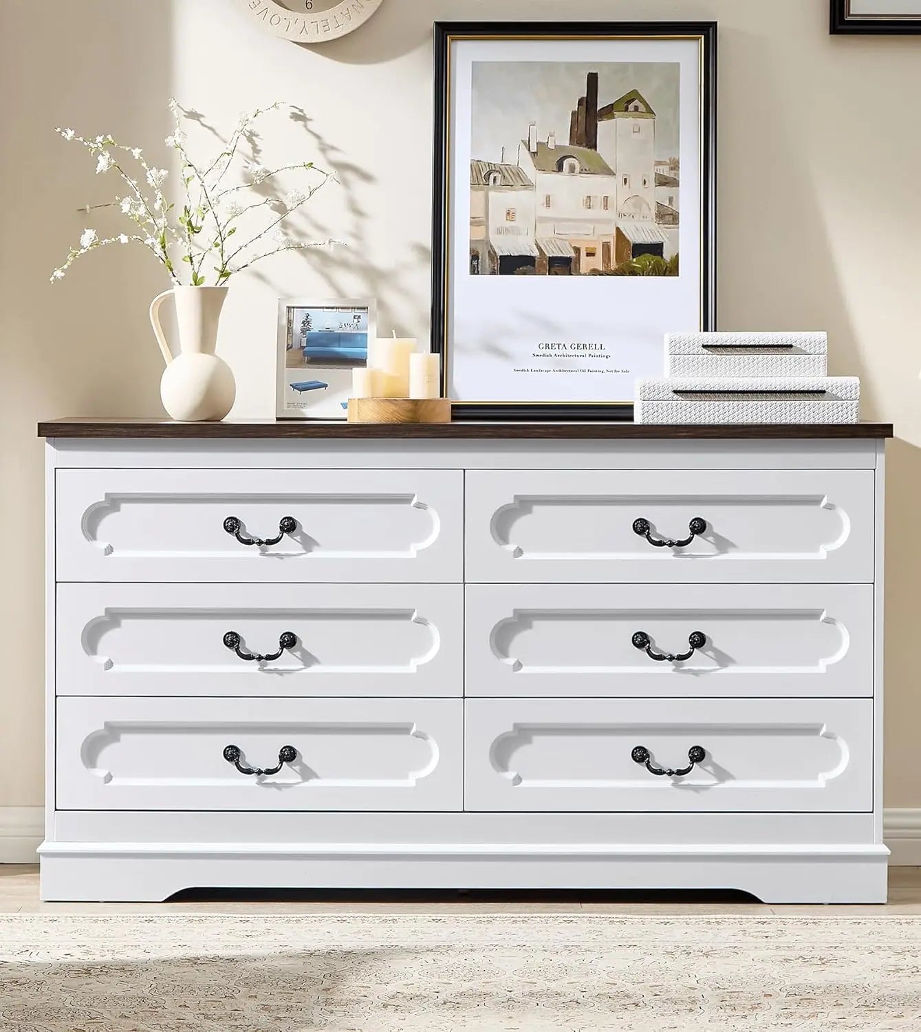 Dresser for bedroom farmhouse cherry wood chest of drawers rustic wide dressers - white15.7dx55wx30.8h / united states
