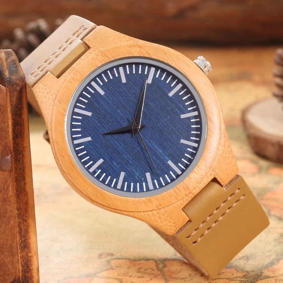 Men’s watches fashion blue dial simple leather band quartz wristwatch bamboo wooden watch male present a gift for men