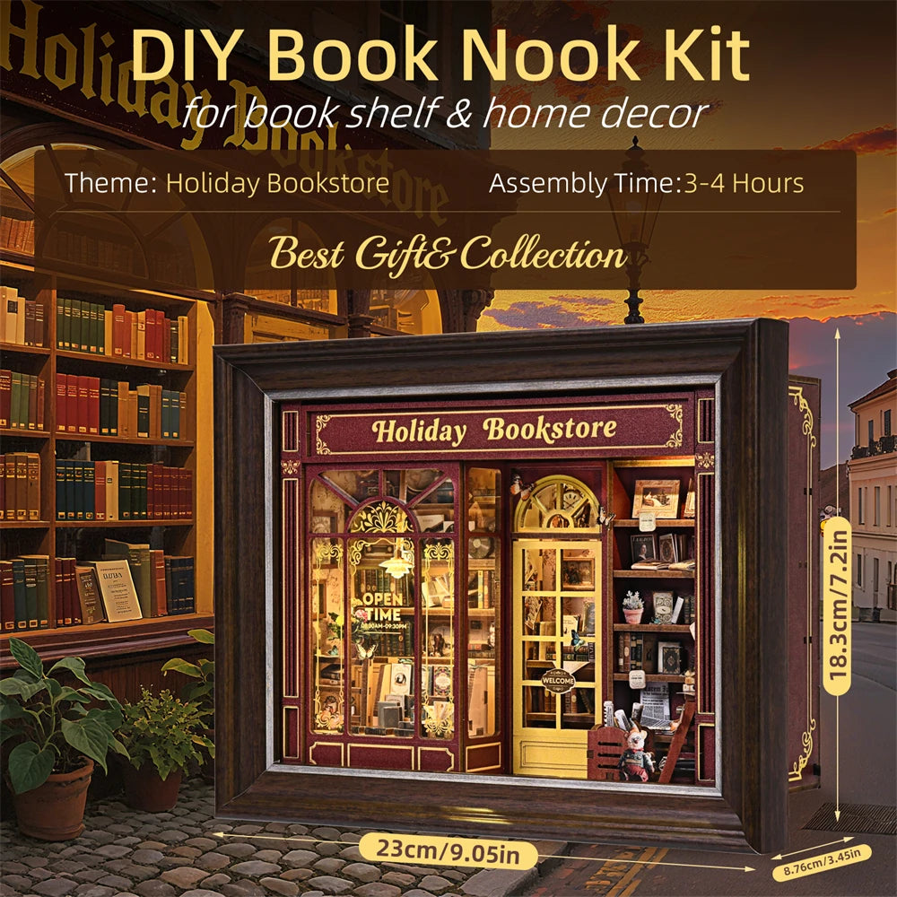 Book nook kit holiday bookstore diy 3d wooden puzzle dollhouse photo frame ornament model bookend building home