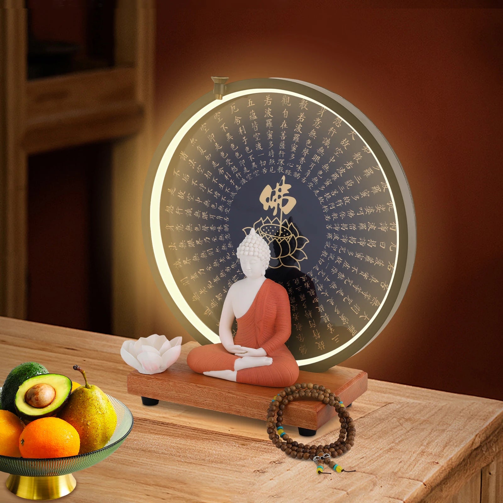 Buddha statue decoration ceramic for home décor with circle led lamp - multi-colored / united states - religious