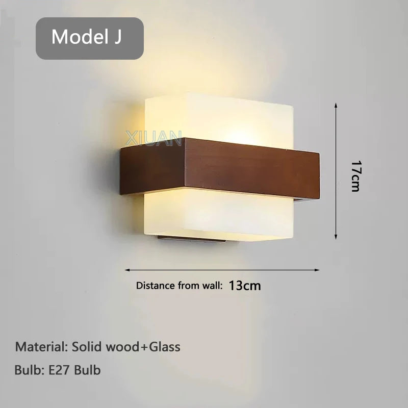 Walnut color wood wall lamp led e27 bulb bedroom bedside light for living room study stair corridor entrance indoor