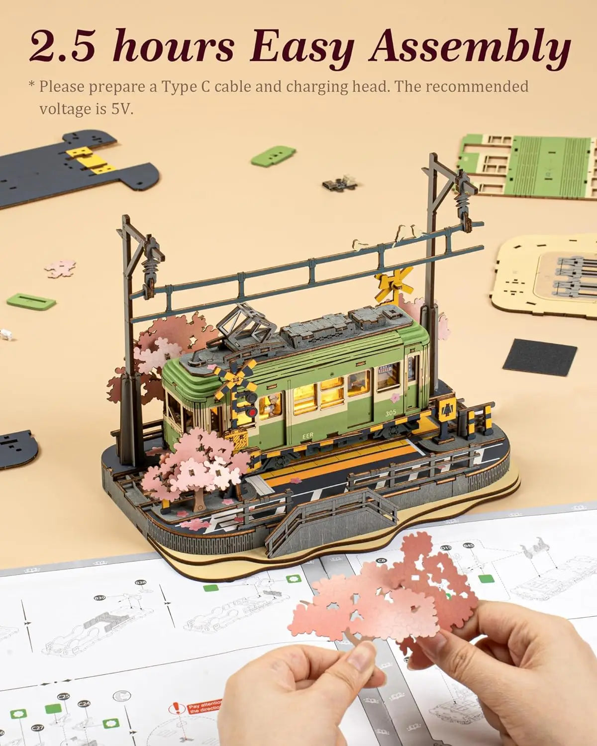 Robotime 3d puzzles sakura journey diy model building toy with led light wooden craft kits tram hobby for kids brain