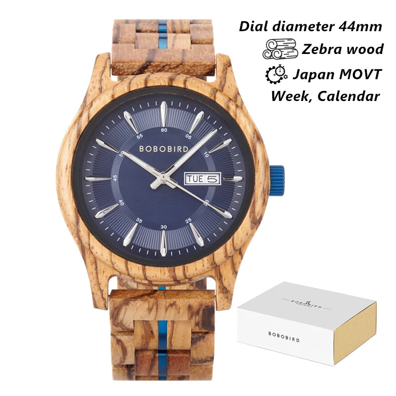 Bobo bird men’s watches fashion wooden wristwatch week & auto-date display watch for men with gift box 2025 new - blue