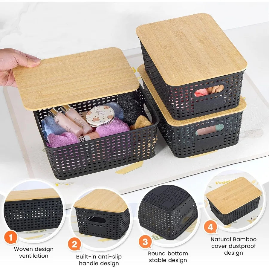 Plastic storage baskets with bamboo lid stackable containers for organizing shelves drawers desktop closet play