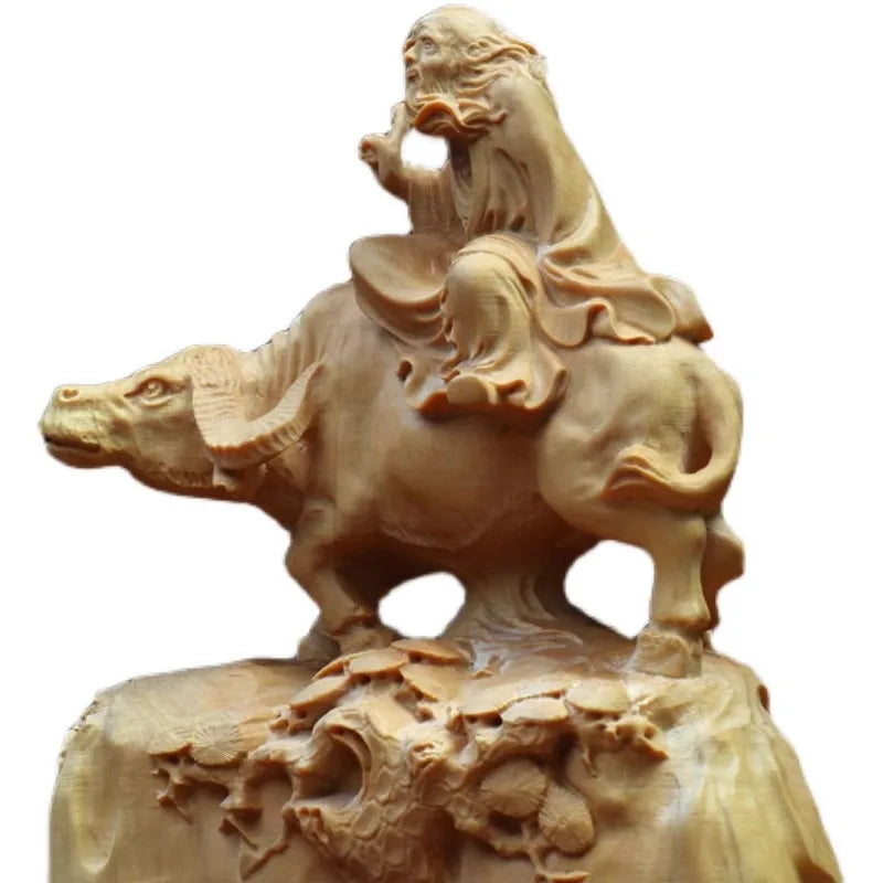 Premium feng shui lao tzu riding bull wooden statue a beacon of taoist wisdom and chinese mythology - light grey
