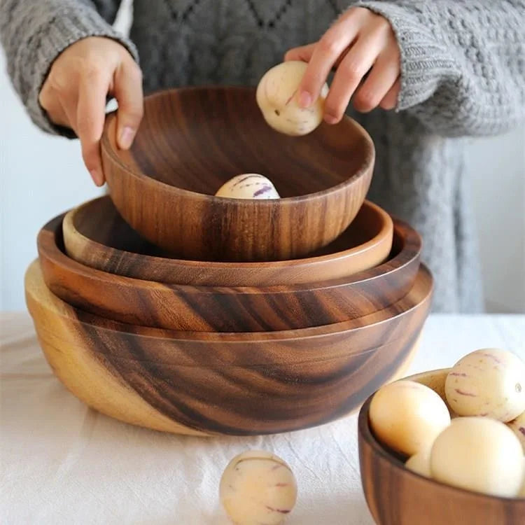 Household solid wood bowl japanese acacia salad mixing wooden basin kneading tableware ramen