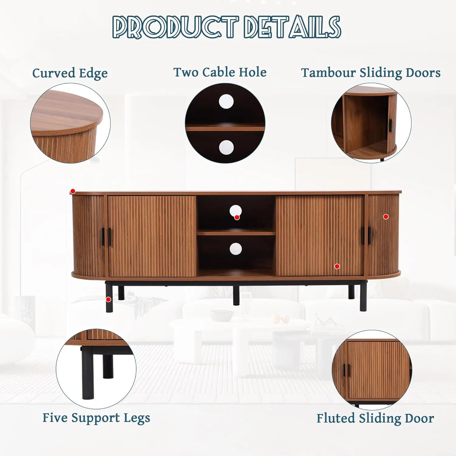 62’’ tambour door tv stand,wood mid century modern cabinet for up to 70“ tv,curved edge long stand with storage