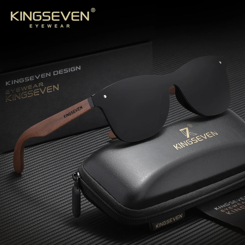 Kingseven vintage polarized walnut wooden sunglasses women/men anti-uv400 mirror lense glasses driving eyewear - black