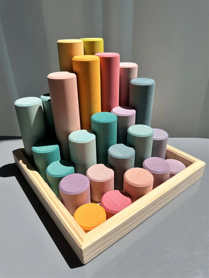 Kids large wood building rollers pastel blocks stain lime stacking cylinders forest trees rings educational creative