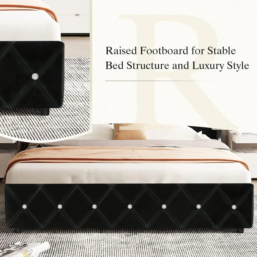 Hombck bed frame queen size velvet upholstered with wingback and diamond headboard wood slat support no box s - black