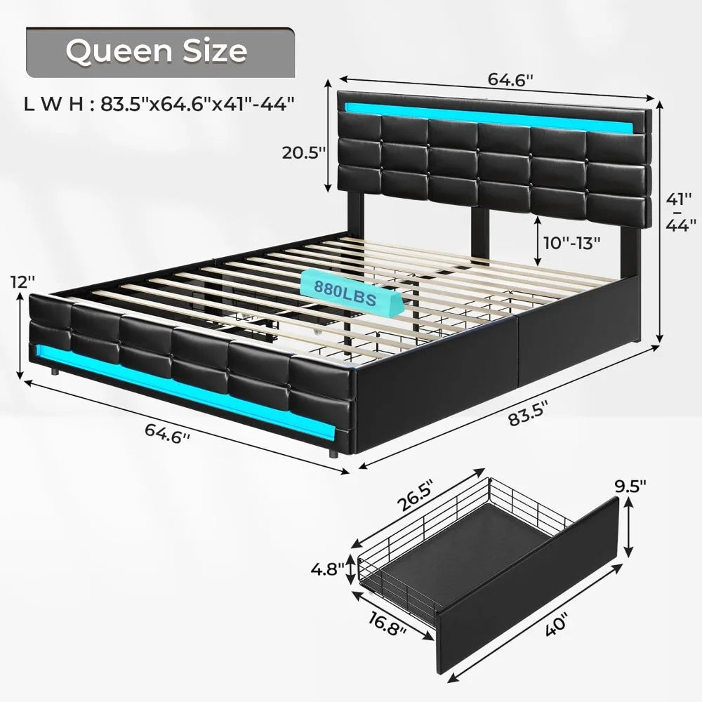 Adorneve queen bed frame with led lights leather platform storage drawers and charging station siz