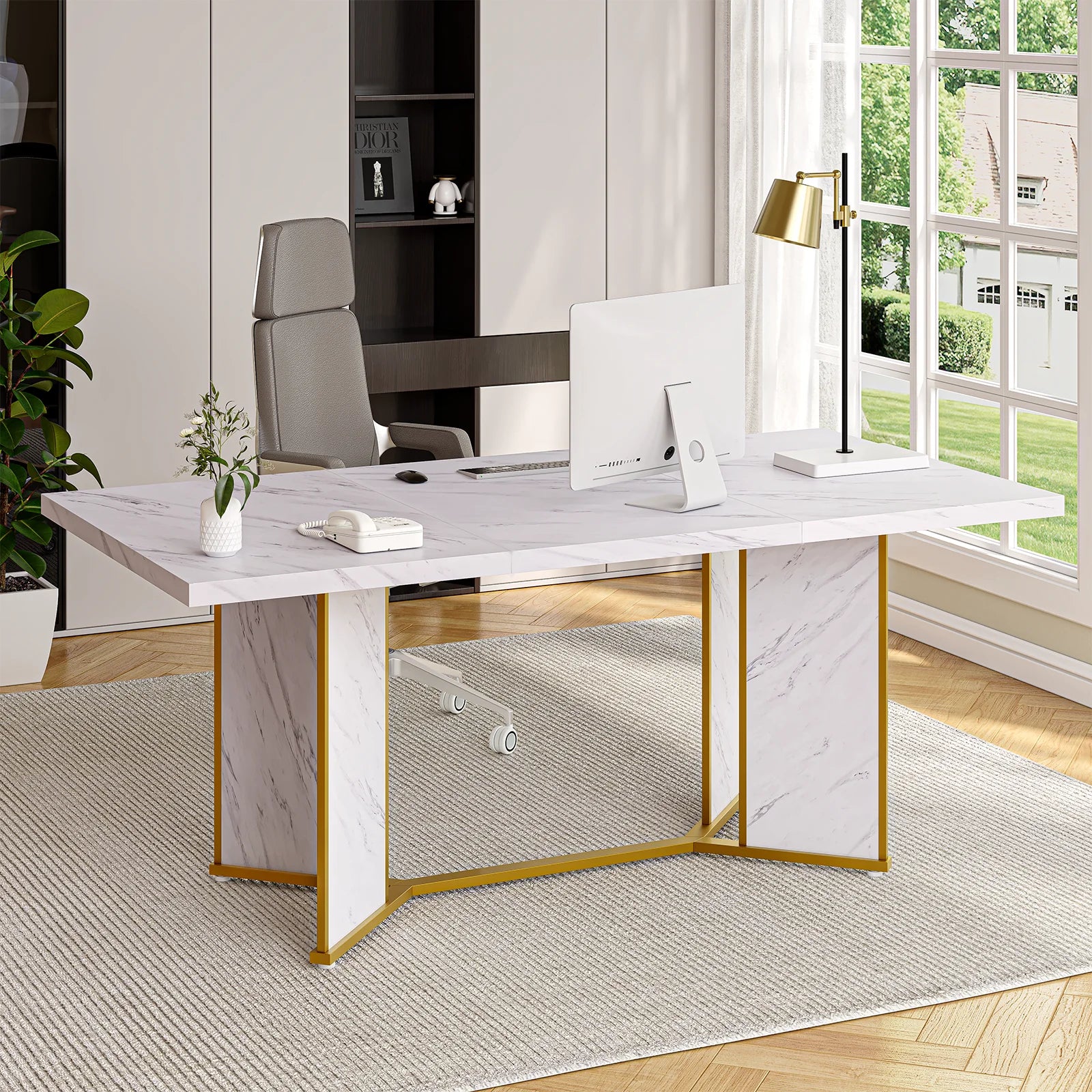71 inch rectangular dining table for 6 to 8 people white marble wooden kitchen large dinner with gold - united states