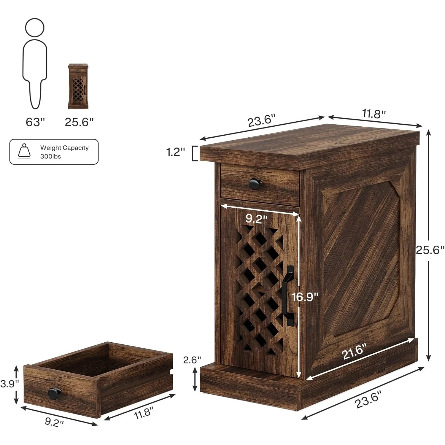 End table narrow side with drawer and cabinet farmhouse nightstand for small space living room bedroom - united states