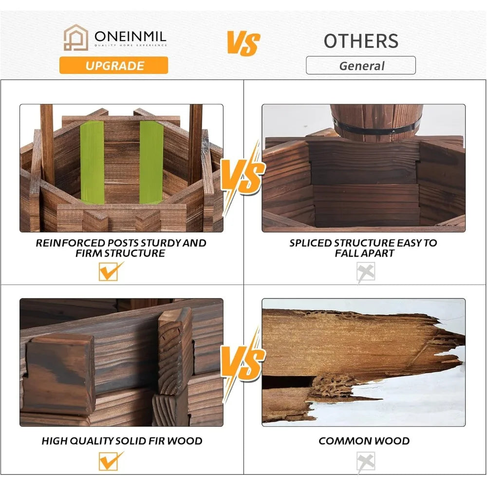 Oneinmil outdoor wooden wishing well planter with hanging bucket for flower and plants home decor patio,garden