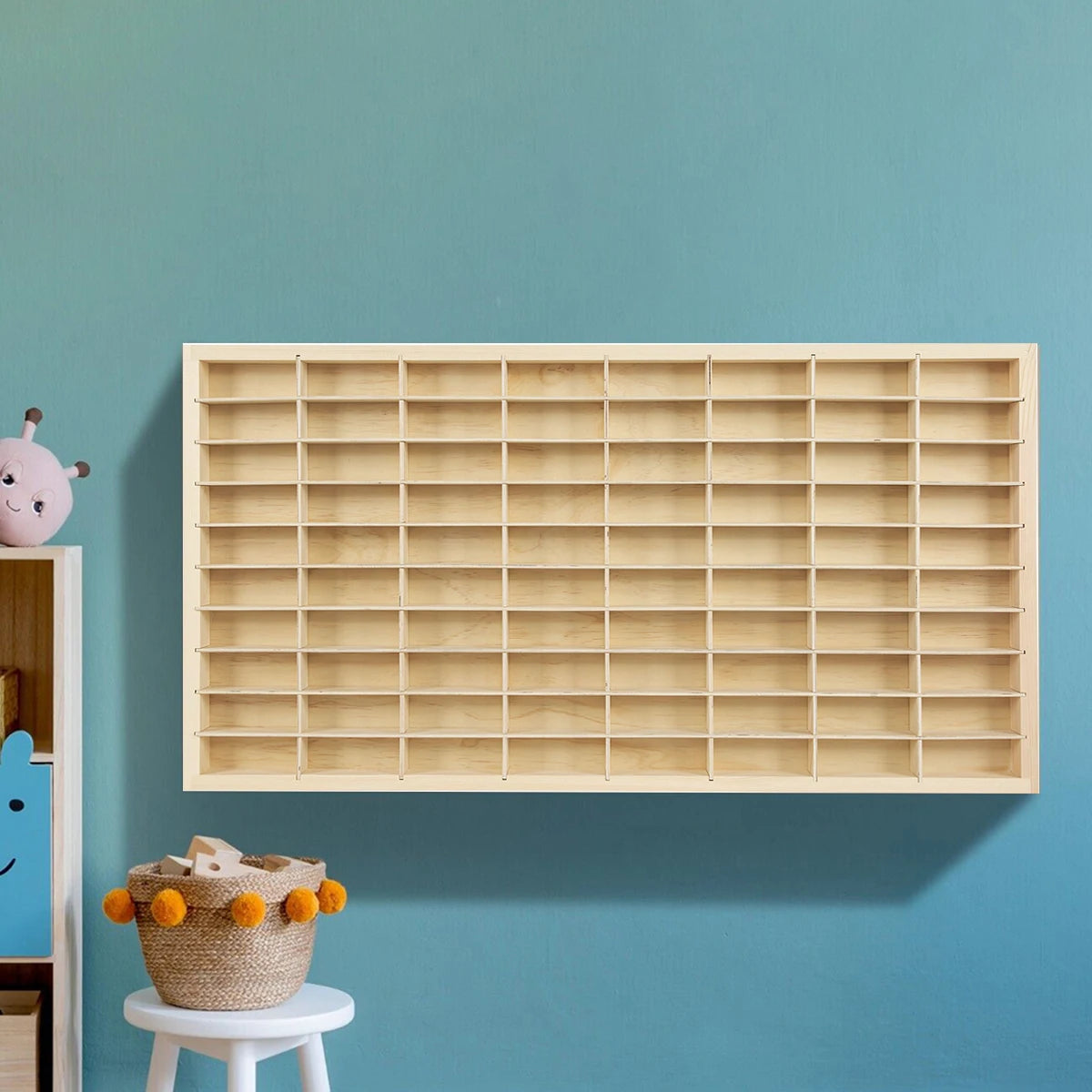 80 grids toys storage organizer car model box without cover wood wall mounted type display shelf with traceless nails