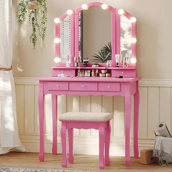 Vanity desk with tri-fold mirror and lights makeup wood upholstered stool 5 drawers & 8 jewelry - united states / pink