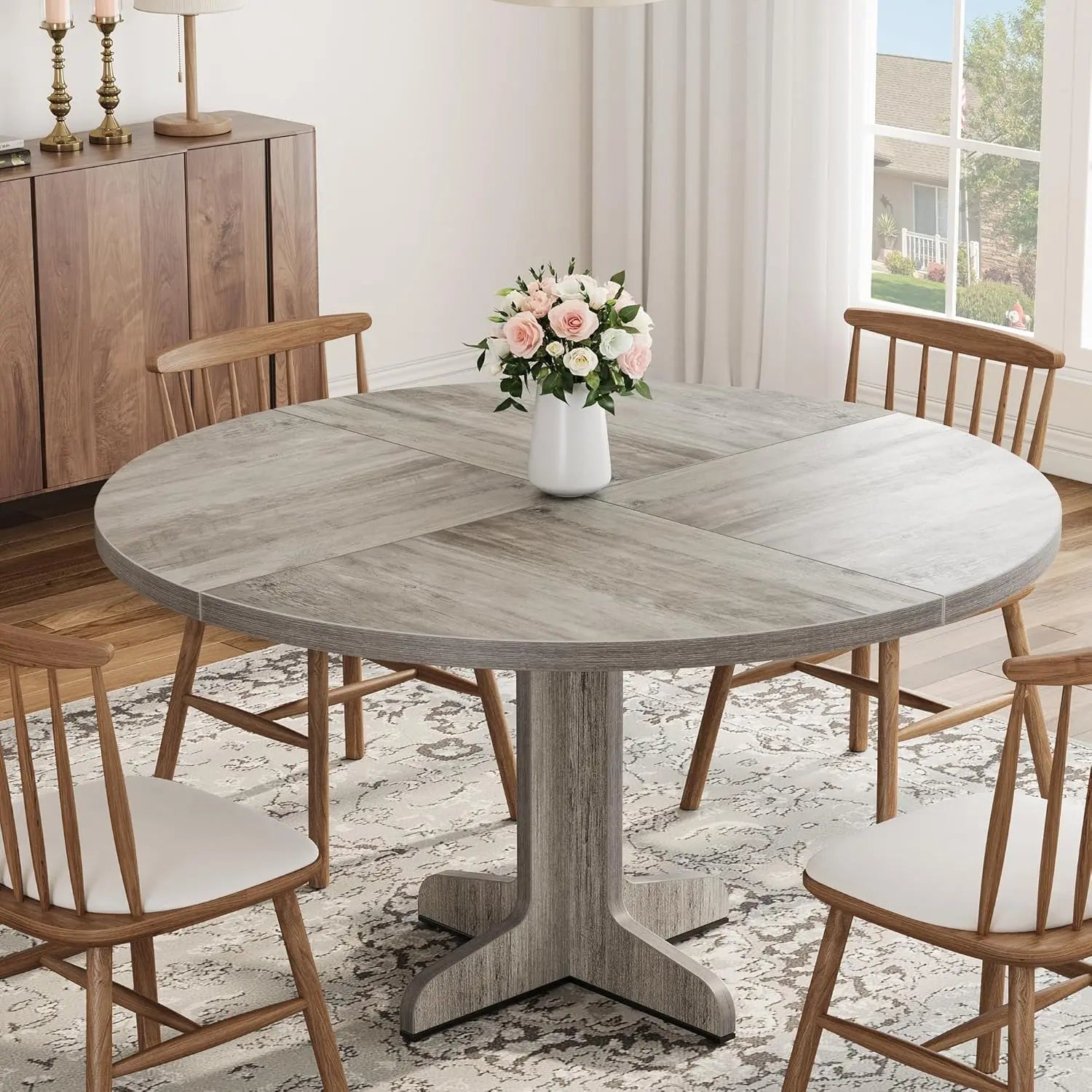 Round dining table for 4 47 inch farmhouse circle kitchen with wood tabletop and stable base home room living - grey