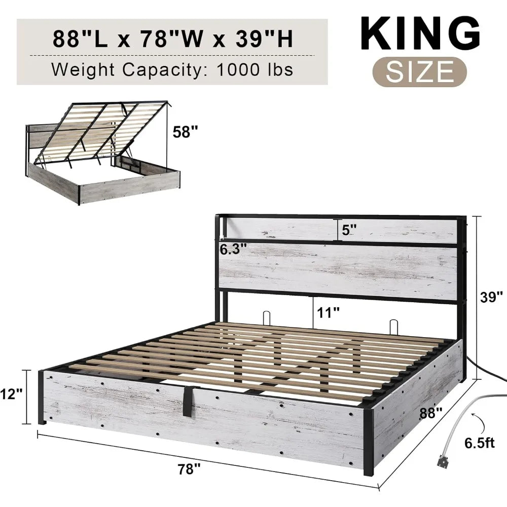 King size wooden bed frame with lift-up storage and charging station platform without spring box - united states