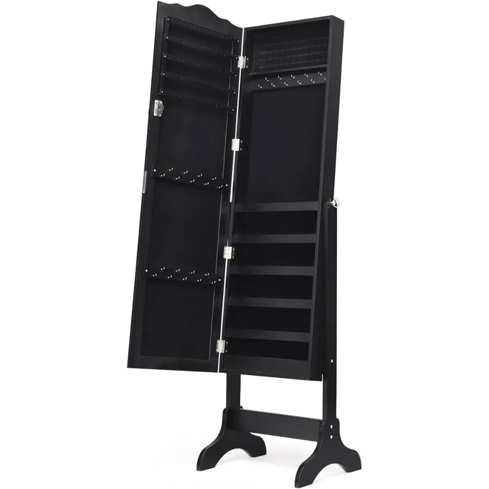 Jewelry armoire organizer with full length mirror 14 leds floor standing cabinet 2 drawers 4 adjustable angles