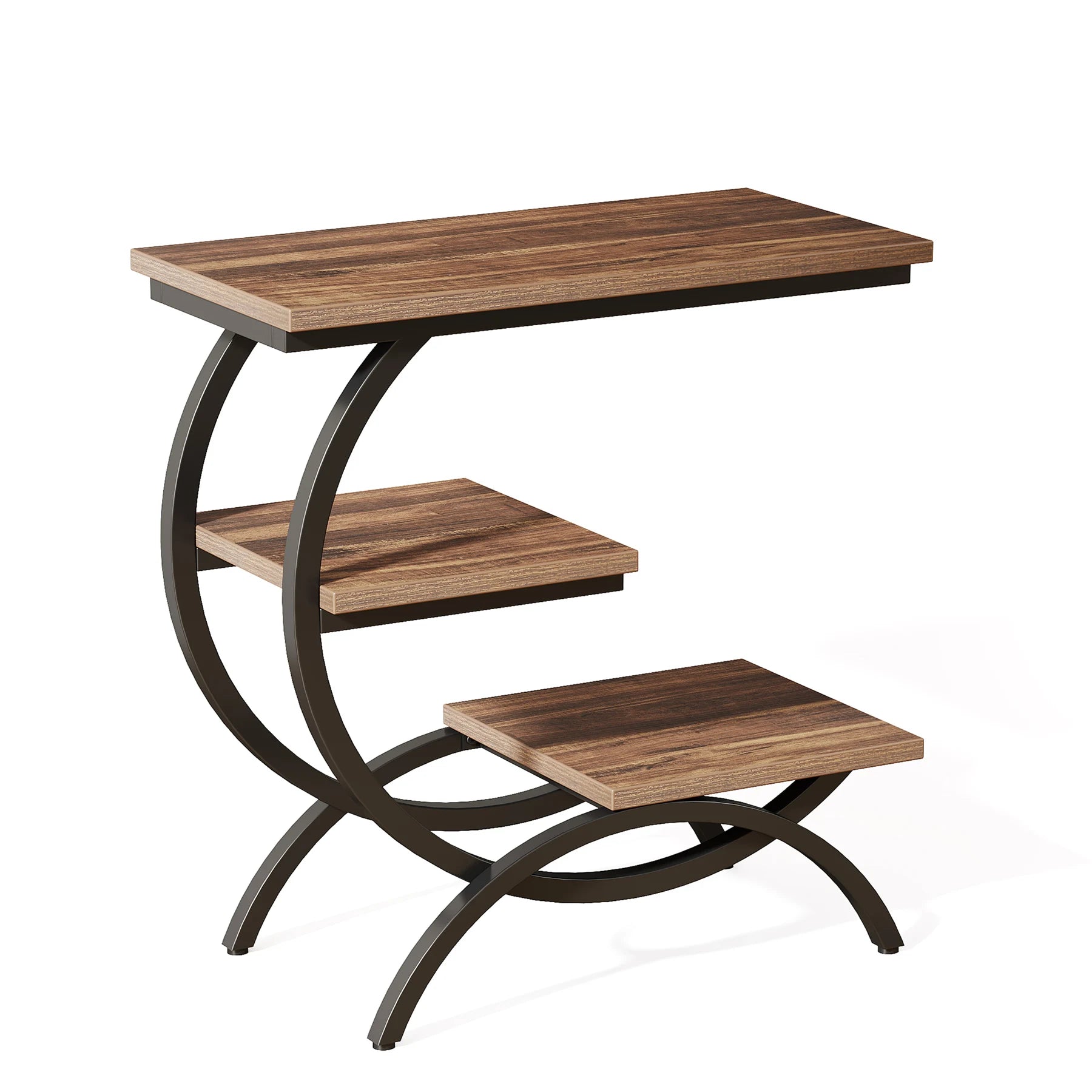 Tribesigns c-shaped end table industrial 3-tier small for couch wood bedside snack with storage shelves - chocolate