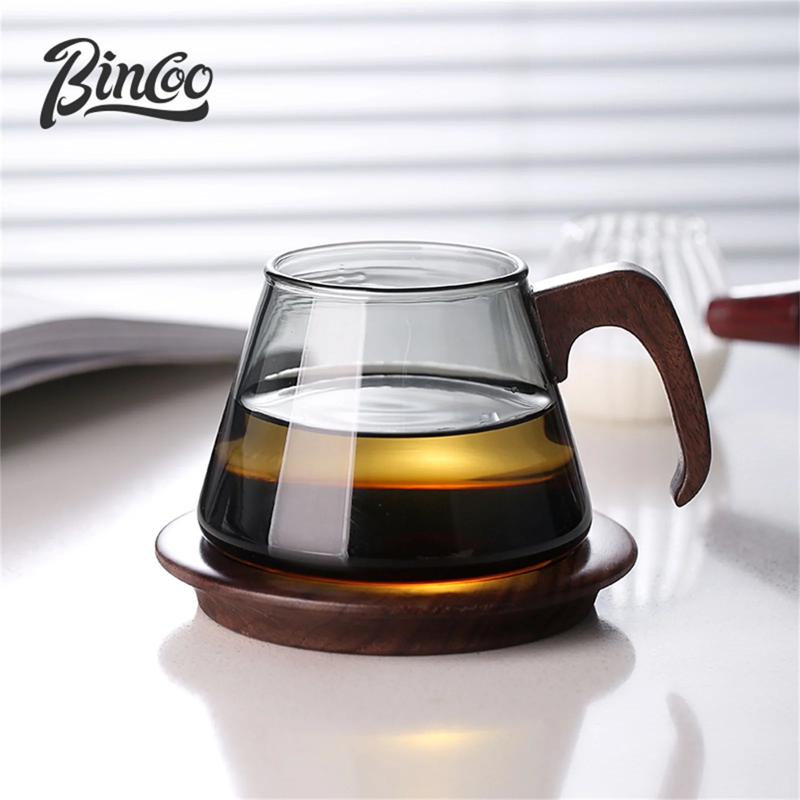 Bincoo 250ml heat resistant glass coffee cup with walnut wooden handle – durable barista latte kitchen espresso