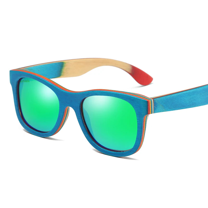 Gm skateboard wooden sunglasses blue frame with coating mirrored bamboo uv 400 protection lenses in w033 - green / other