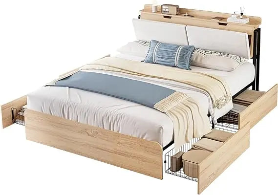 Likimio queen bed frames with hidden storage headboard camas charging station and 4 drawers sturdy noiseless n - united