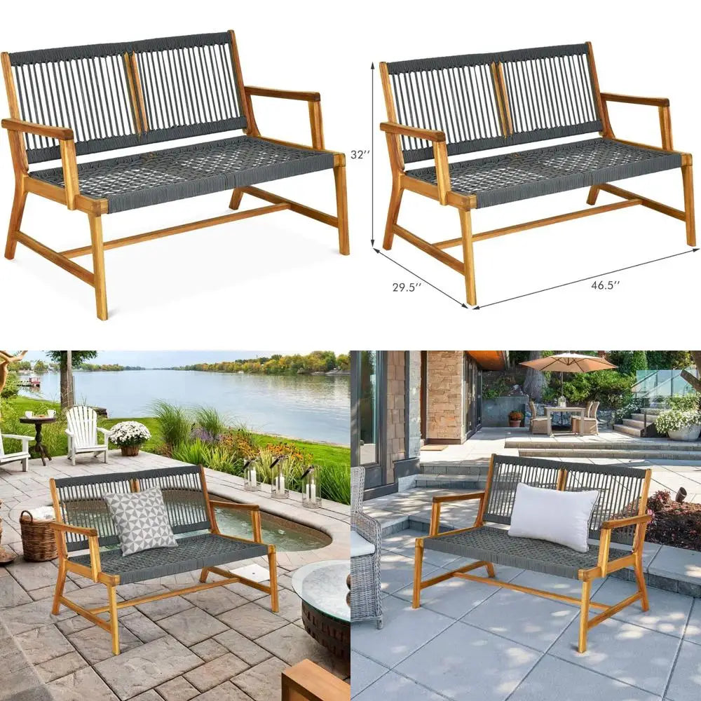 Acacia wood 2-person patio bench with teak oil finish outdoor rope loveseat for balcony deck poolside and porch - grey