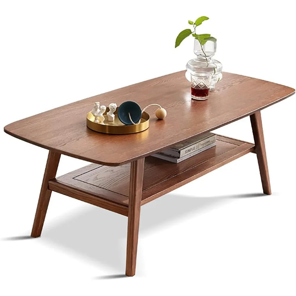 2-tier solid oak wood coffee table - practical center with double storage for small apartments living rooms bedrooms