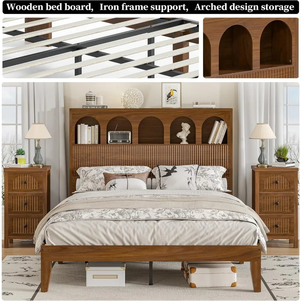 Farmhouse style queen bed frame with storage headboard and 5 arched compartments 12.4 inch high wooden base no box