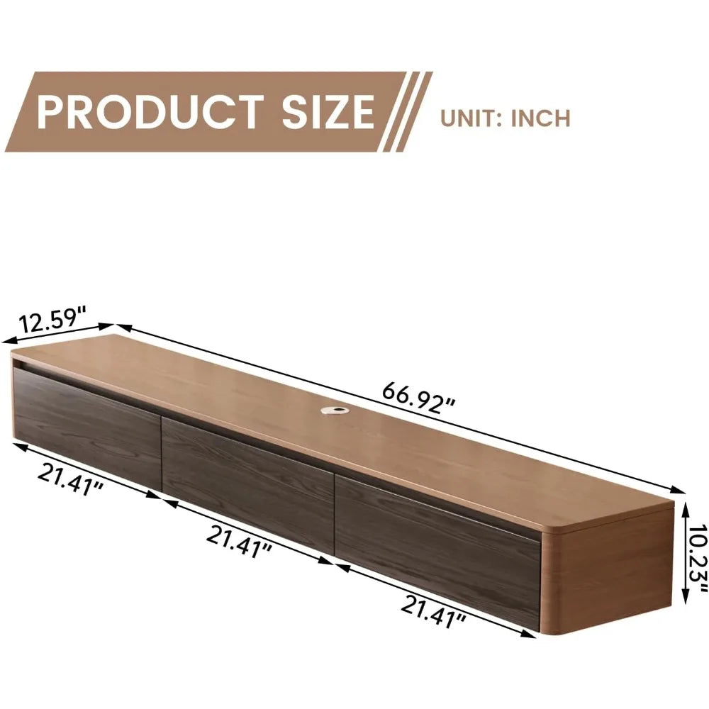 67-inch contemporary walnut floating tv stand with 3 flip-down doors and solid wood media storage - united states