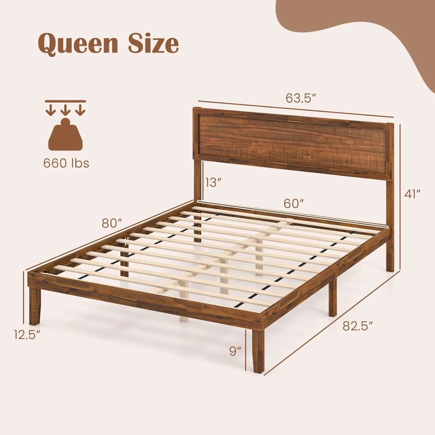 Wood queen bed frame with headboard mid century modern platform size solid legs & wooden slat support - united states
