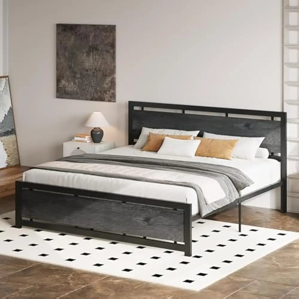 King size bed frame with headboard and footboard metal strong supports easy assembly noise-free no box spring needed
