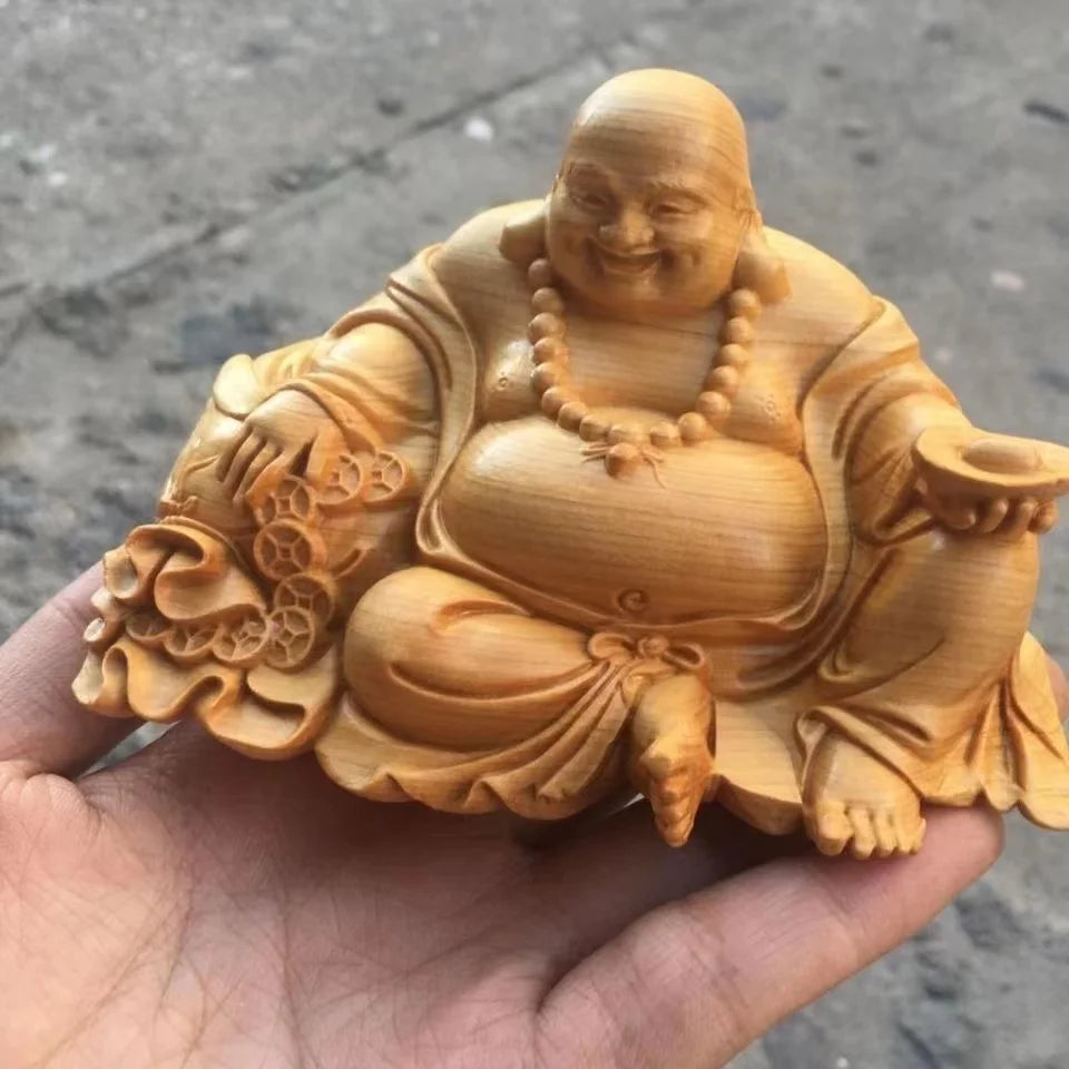 Natural cypress ingot maitreya buddha statue chinese characteristic wood carving home room office god of wealth
