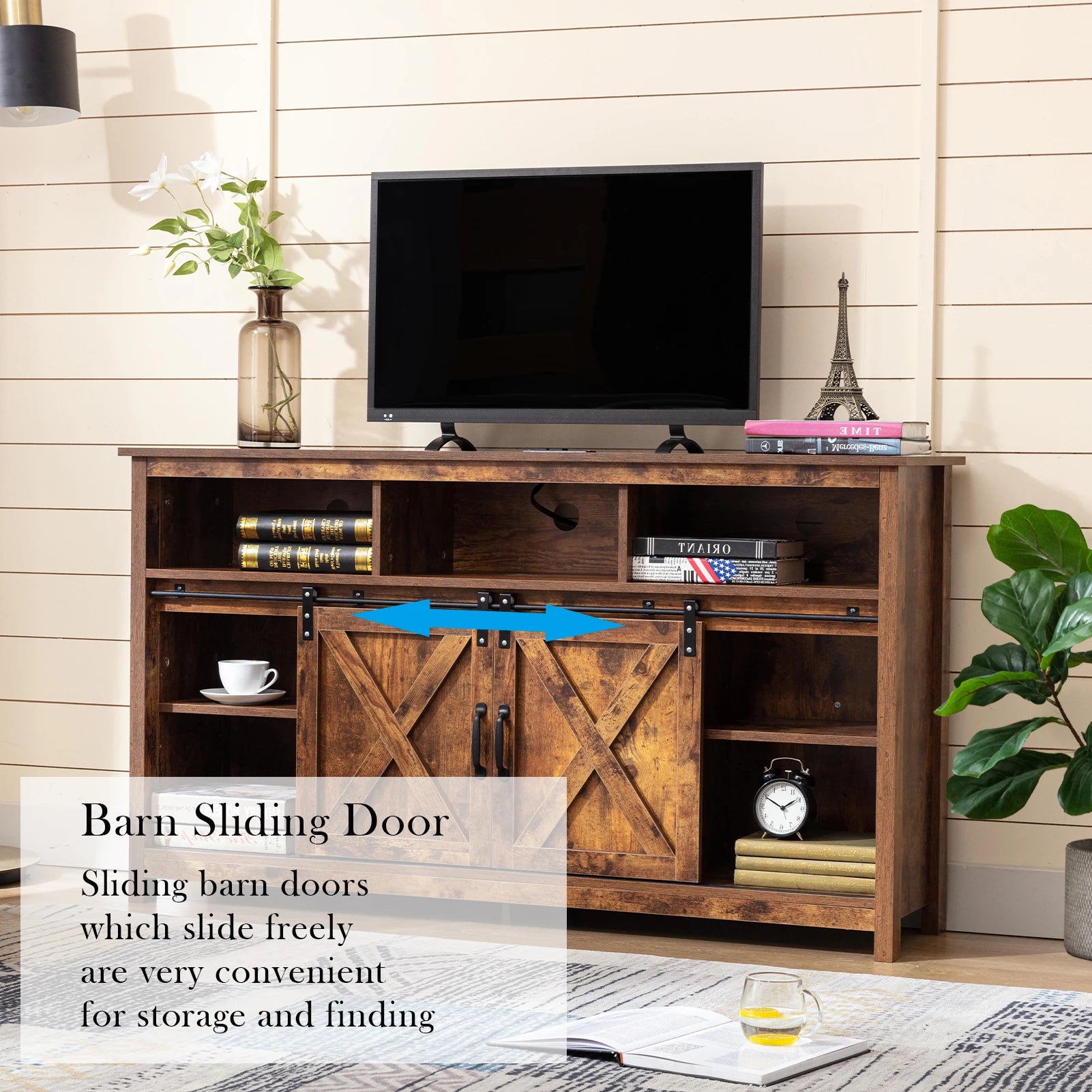 Tv stand farmhouse coffee bar cabinet rustic sliding barn door storage with power outlet & led light 57’’ wooden cabi