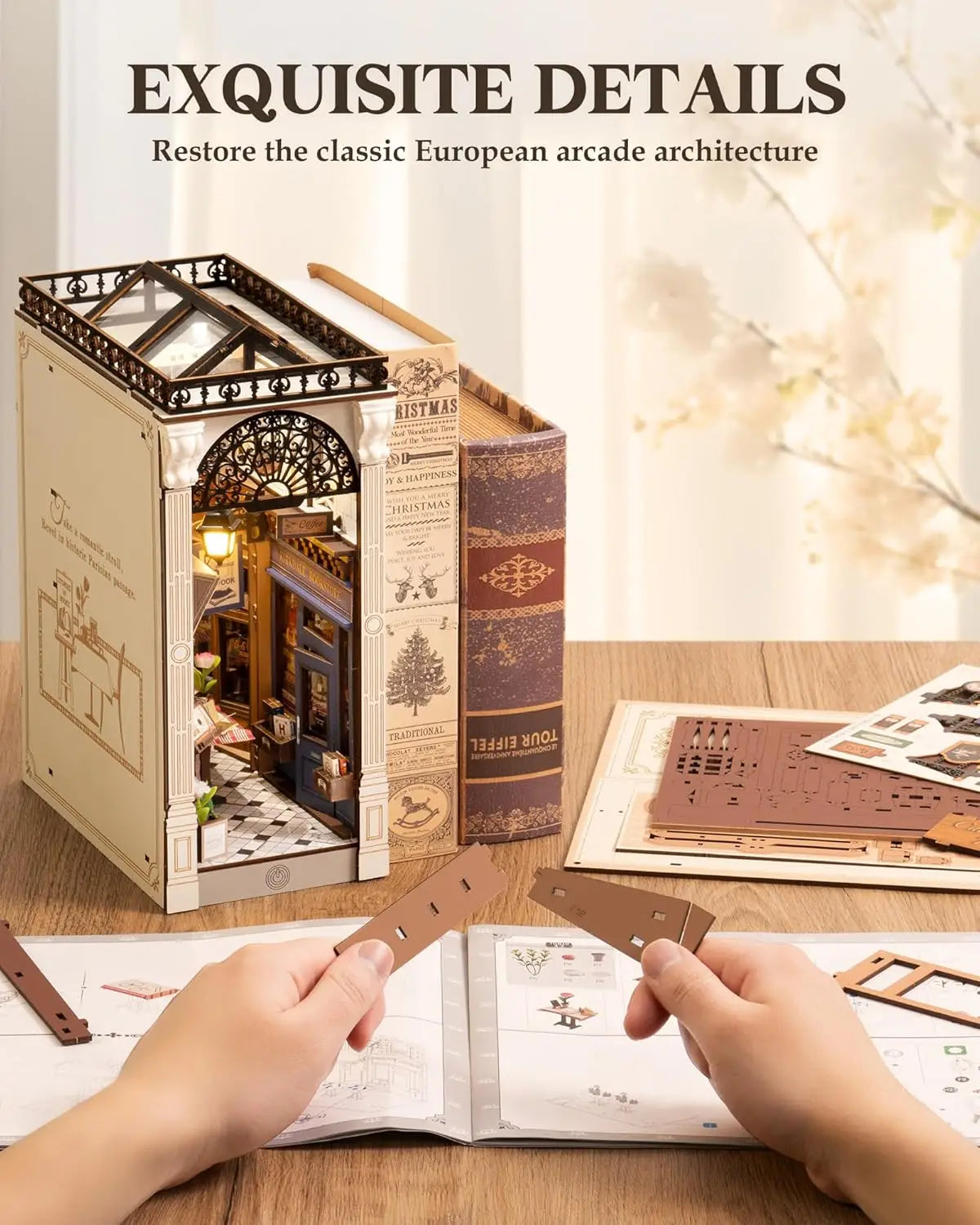 Robotime arcade dating booknook with dust cover diy miniature dolls house kit 3d wooden puzzle bookend bookshelf decor