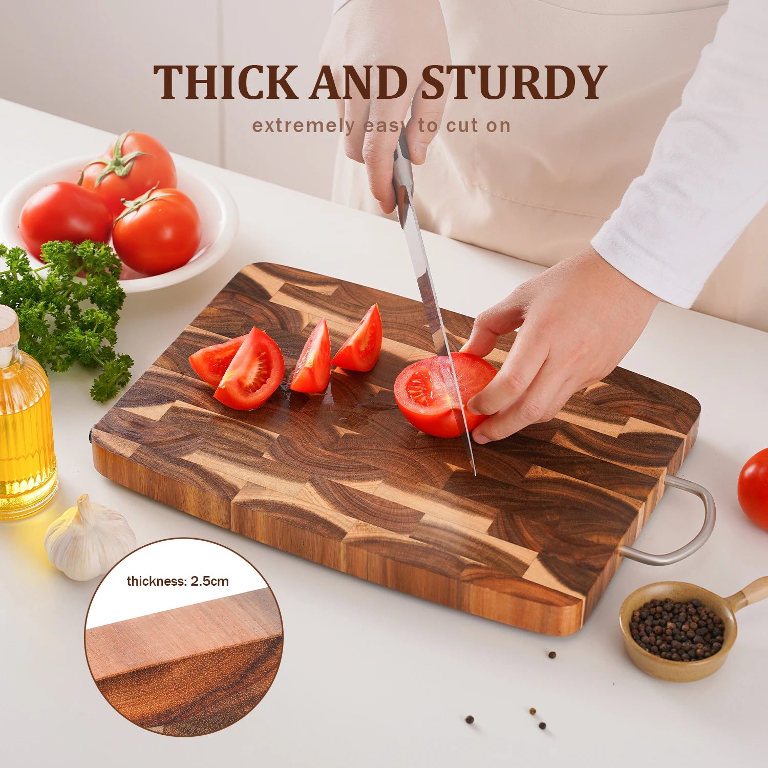 End grain butcher block premium acacia wood cutting board chopping for kitchen with handle - 395x249x25mm