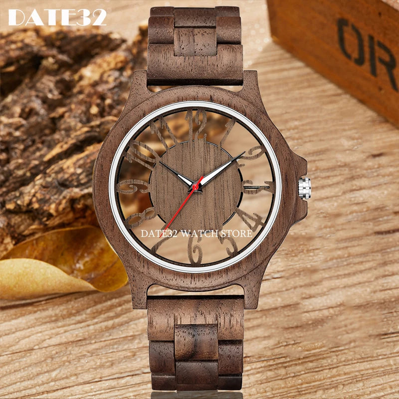 Natural bamboo wood watch for men full-wooden hollow case band watches man quartz wristwatch real wooden clock male