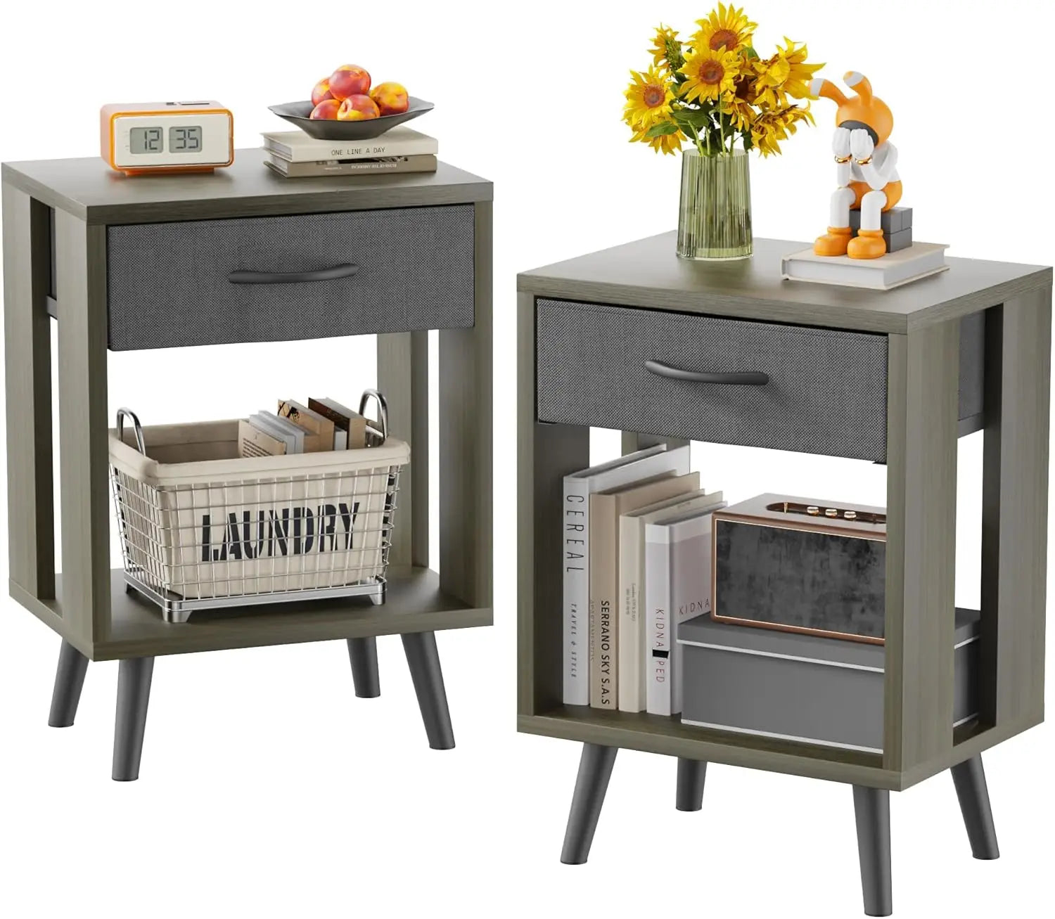 Set of 2 with fabric storage drawer and open wood shelf,side table for bedroom,night stand bedroom - grey / united