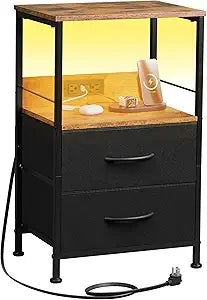 Night stand with charger station black nightstand 2 fabric drawers and storage shelf led bedside table bedroom small en