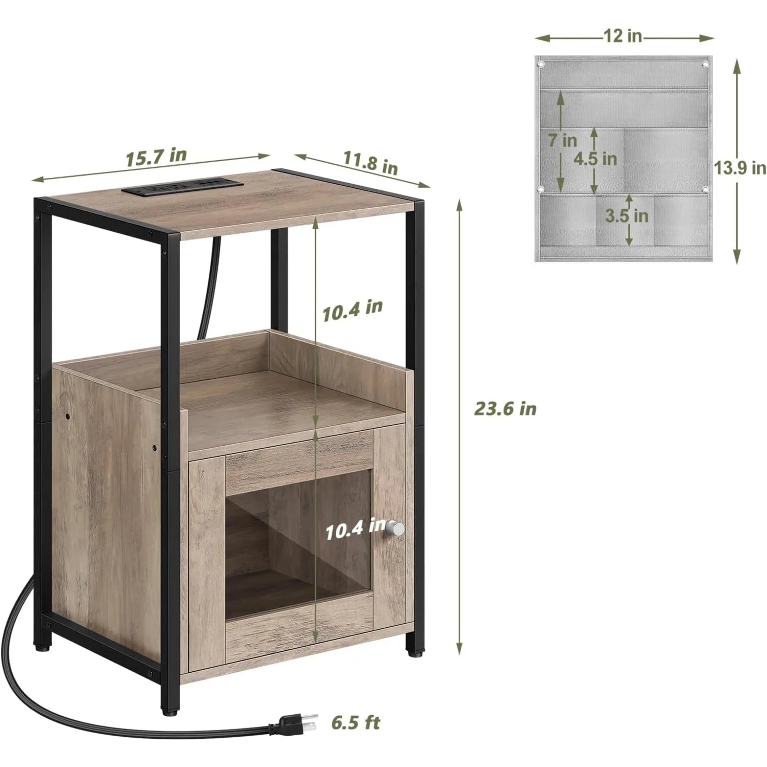 3-tier bedside table w/usb charger & shelf/cabinet - nightstand storage organizer for bedroom/living room/office grey