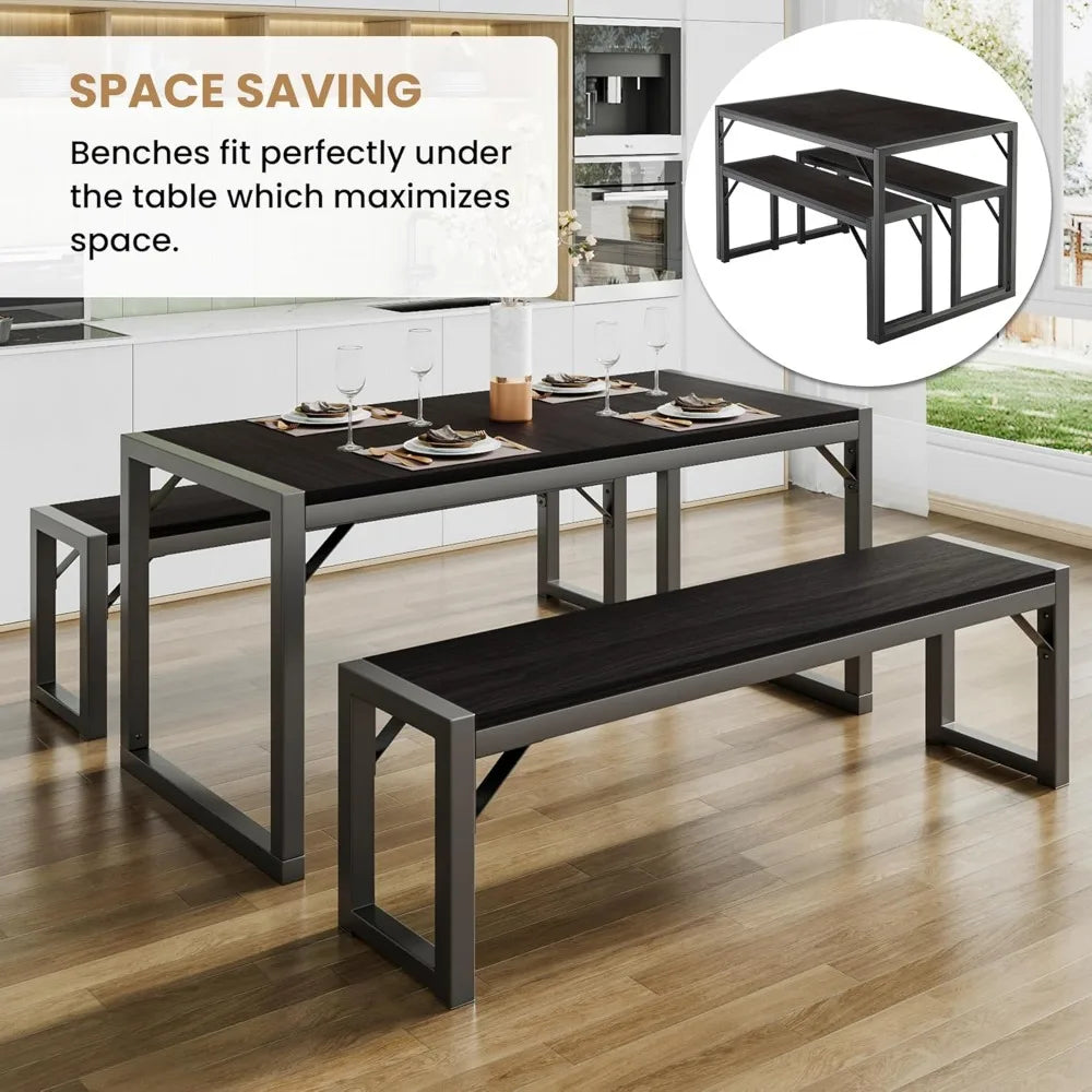 Sha cerlin kitchen dining table set for 4 with benches rustic small space saving dinette heavy duty metal frame