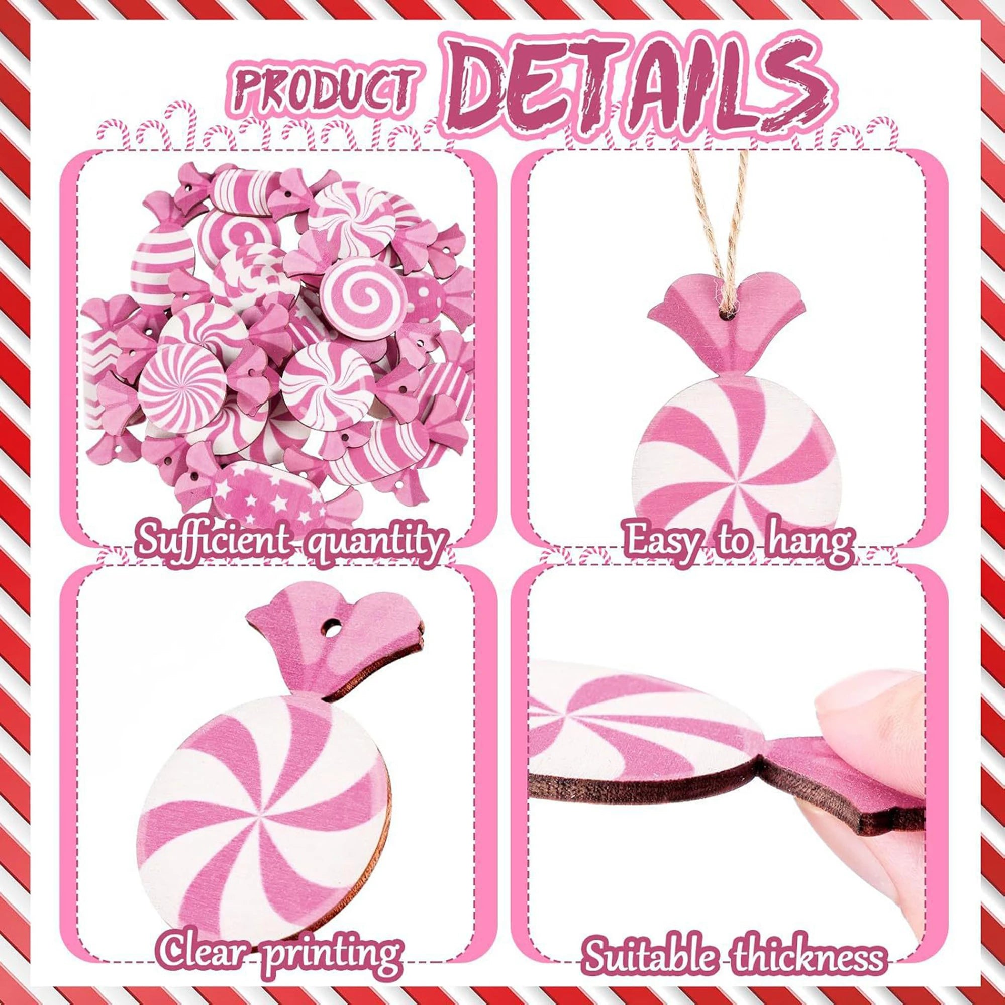 Adorable set of pink candy wooden christmas tree ornaments with hanging charms for festive home decor - 36pcs / united