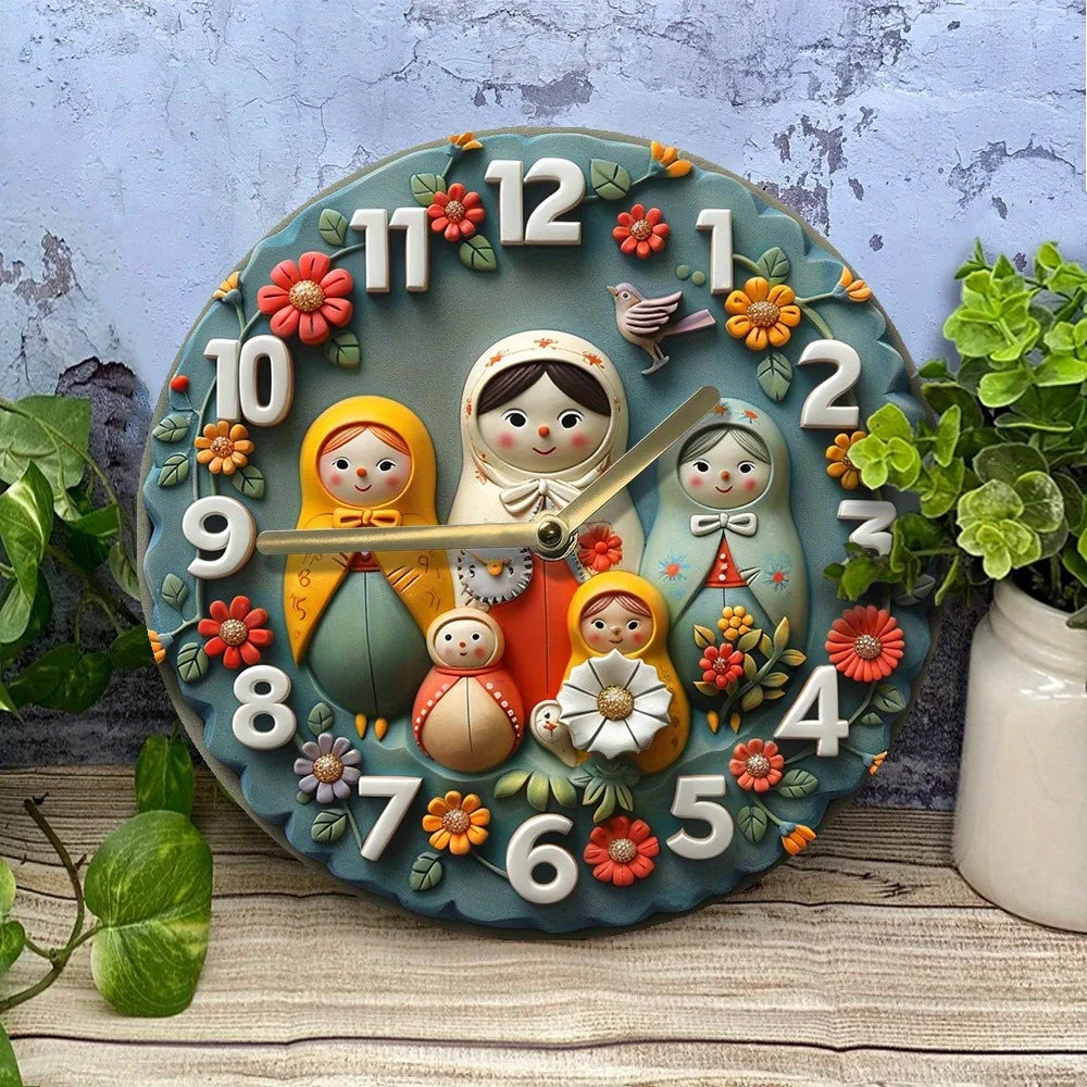 Wooden wall clock with russian matryoshka dolls pattern perfect for home decor. Requires aa batteries