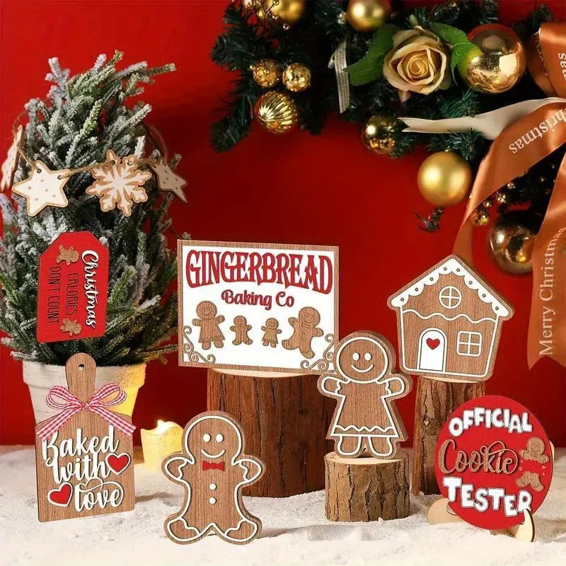 12-piece wooden christmas tiered tray set: featuring colorful snowmen gingerbread and santa signs for festive cheer