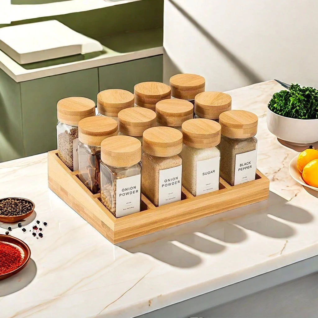 Glass spice jars w/ bamboo lids + wood tray storage containers flour jar kitchen canisters - wood tray