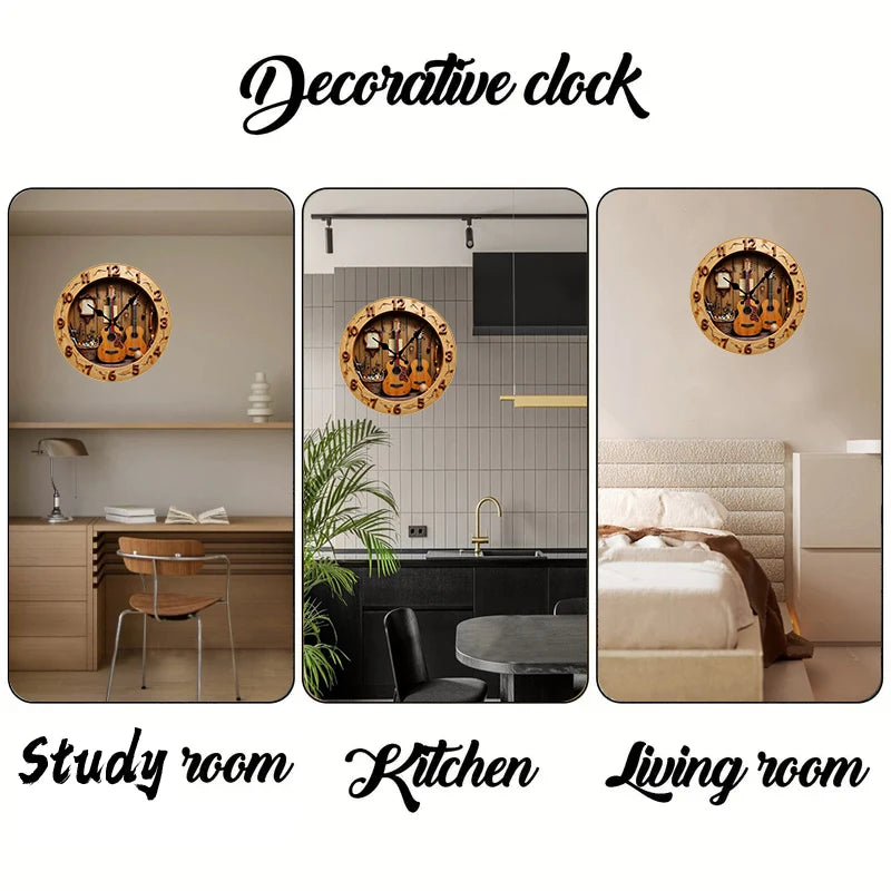 Guitar & music wooden round silent hanging wall clock suitable for living room office study bedroom home decoration