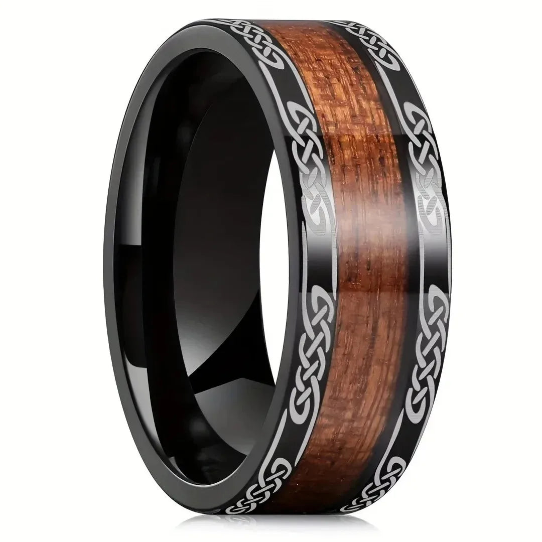 Fashion hammered stainless steel rings for men deer antler and koa wood inlay whiskey barrel wedding engagement jewelry