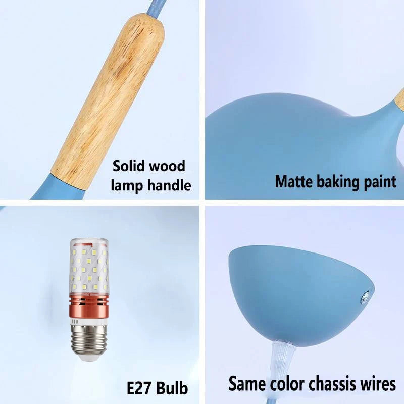 Nordic colored chandelier wooden pendant light bedroom living room led lamp single head aluminum children lighting