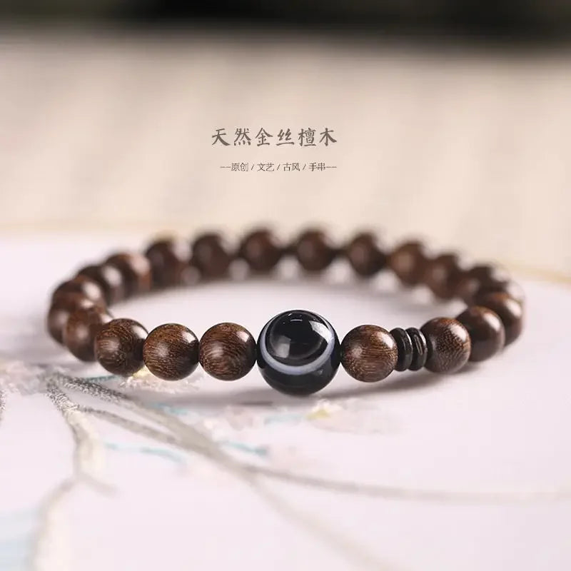 Natural golden silk sandalwood chinese retro literary style rosary bracelets for men and women wooden buddha beads hand